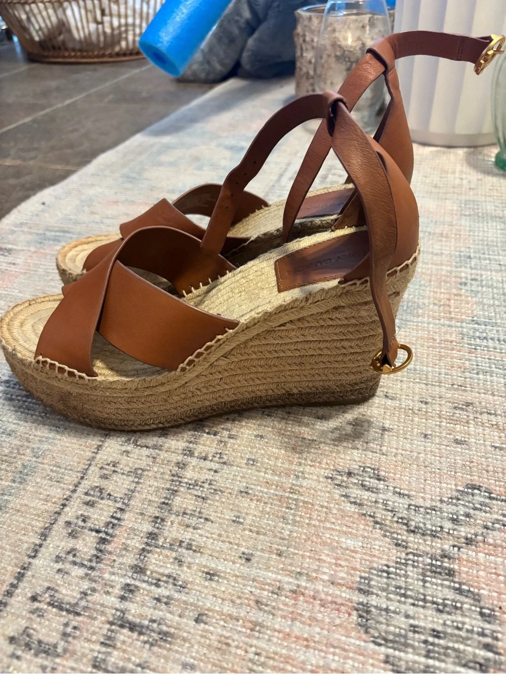 Tory Burch Cognac Leather Espadrille Wedge Sandals